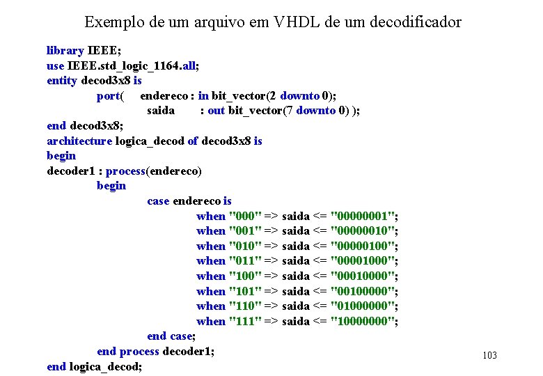 Exemplo de um arquivo em VHDL de um decodificador library IEEE; use IEEE. std_logic_1164.