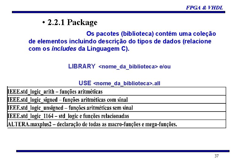 FPGA & VHDL • 2. 2. 1 Package Os pacotes (biblioteca) contém uma coleção