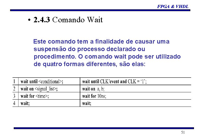 FPGA & VHDL • 2. 4. 3 Comando Wait Este comando tem a finalidade