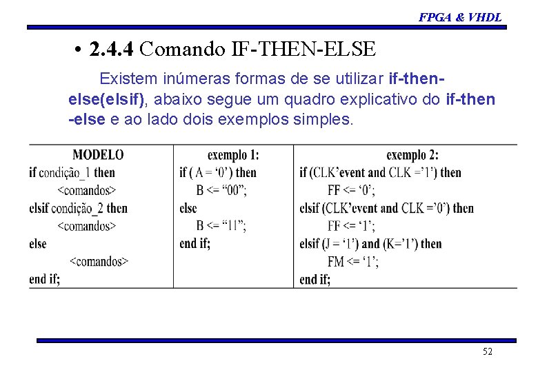 FPGA & VHDL • 2. 4. 4 Comando IF-THEN-ELSE Existem inúmeras formas de se