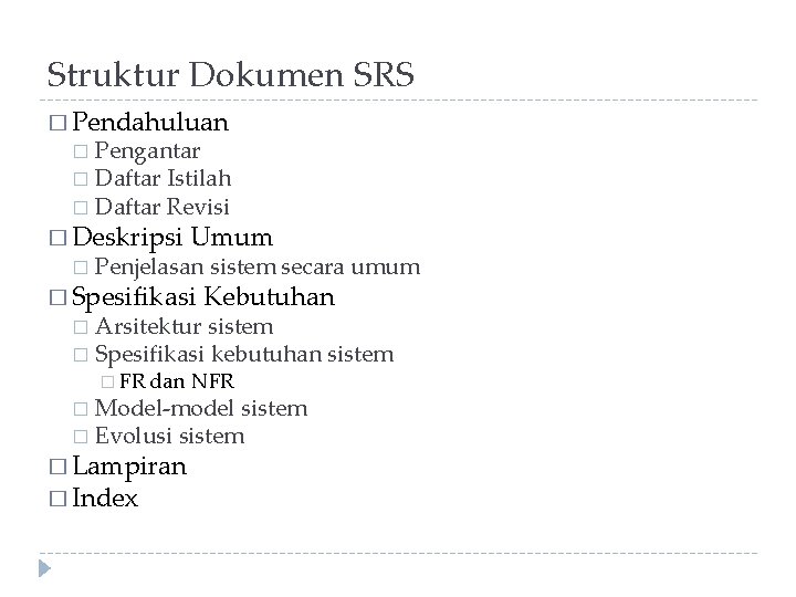 Struktur Dokumen SRS � Pendahuluan Pengantar � Daftar Istilah � Daftar Revisi � �