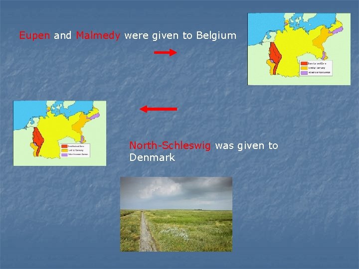 Eupen and Malmedy were given to Belgium North-Schleswig was given to Denmark 