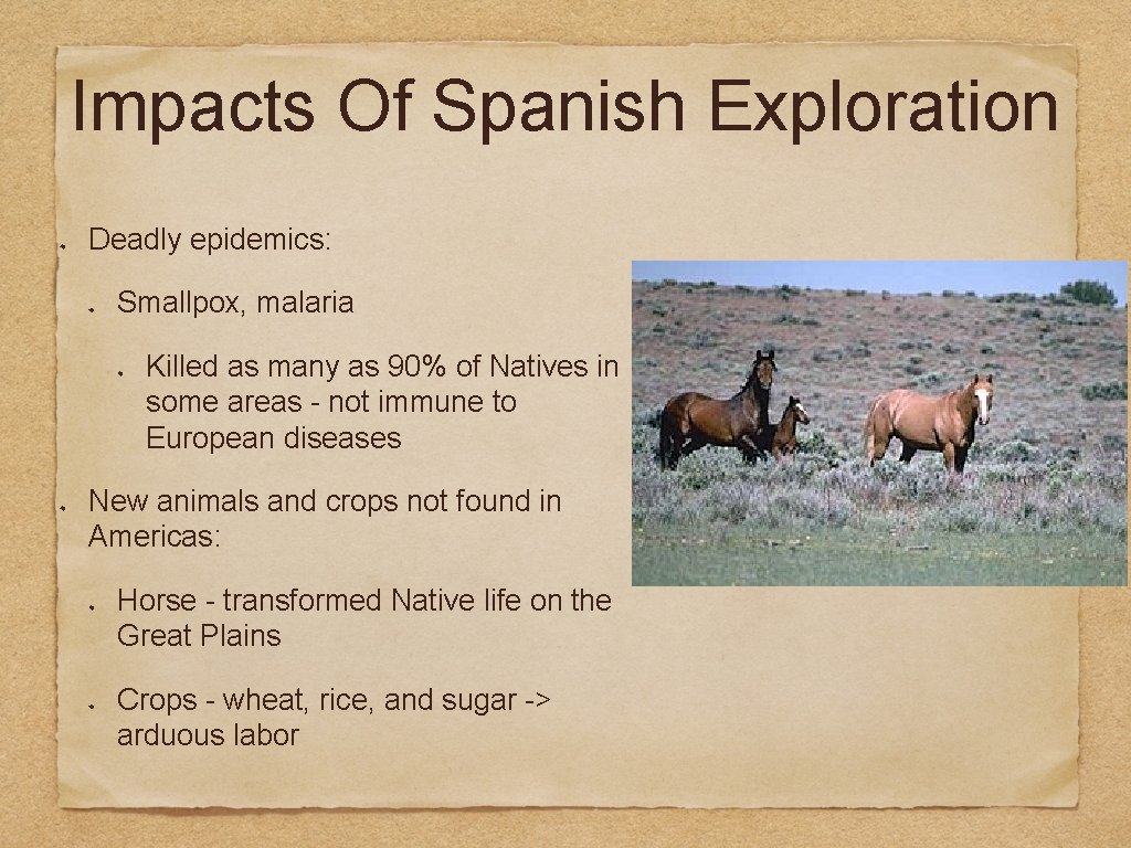 Impacts Of Spanish Exploration Deadly epidemics: Smallpox, malaria Killed as many as 90% of