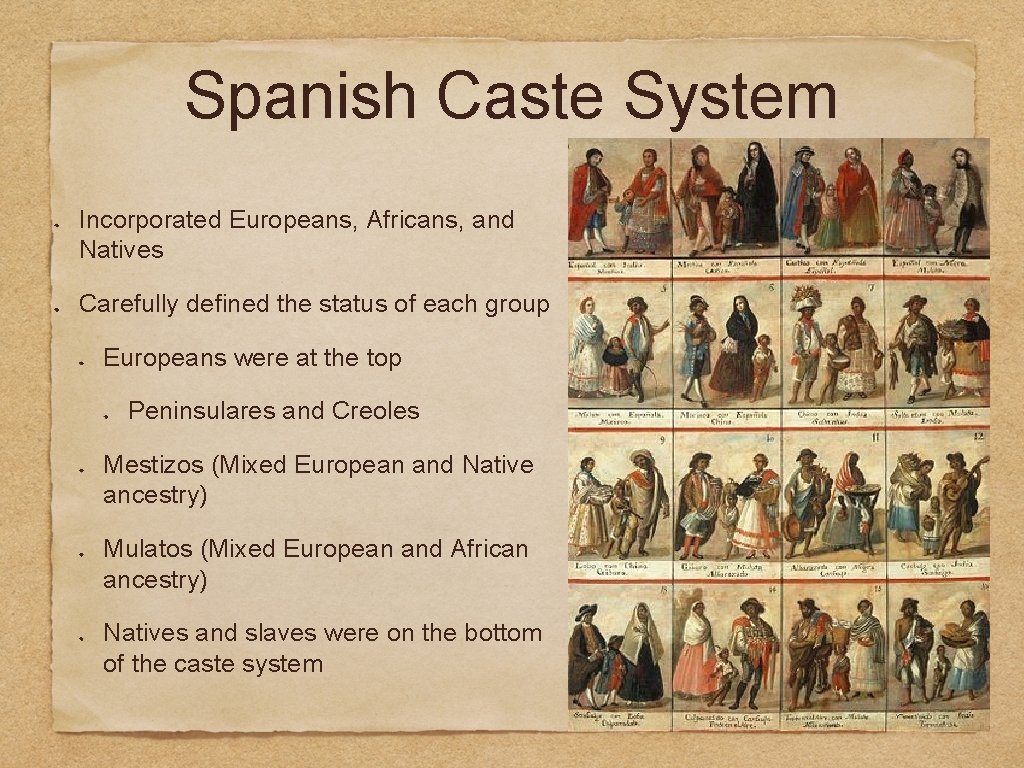 Spanish Caste System Incorporated Europeans, Africans, and Natives Carefully defined the status of each