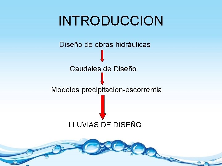 INTRODUCCION Diseño de obras hidráulicas Caudales de Diseño Modelos precipitacion-escorrentia LLUVIAS DE DISEÑO 