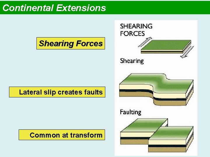 Continental Extensions Shearing Forces Lateral slip creates faults Common at transform 