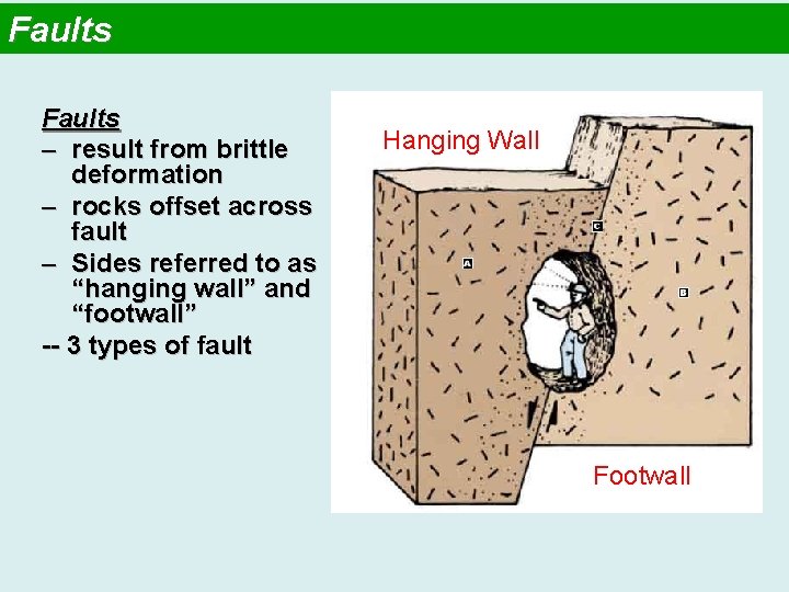Faults – result from brittle deformation – rocks offset across fault – Sides referred