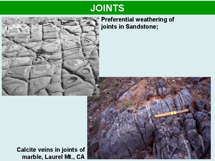 JOINTS Preferential weathering of joints in Sandstone; Calcite veins in joints of marble, Laurel