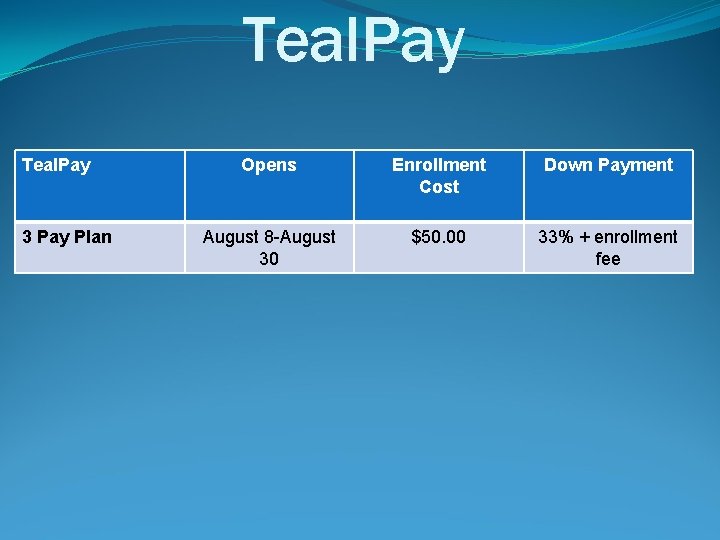 Teal. Pay 3 Pay Plan Opens Enrollment Cost Down Payment August 8 -August 30