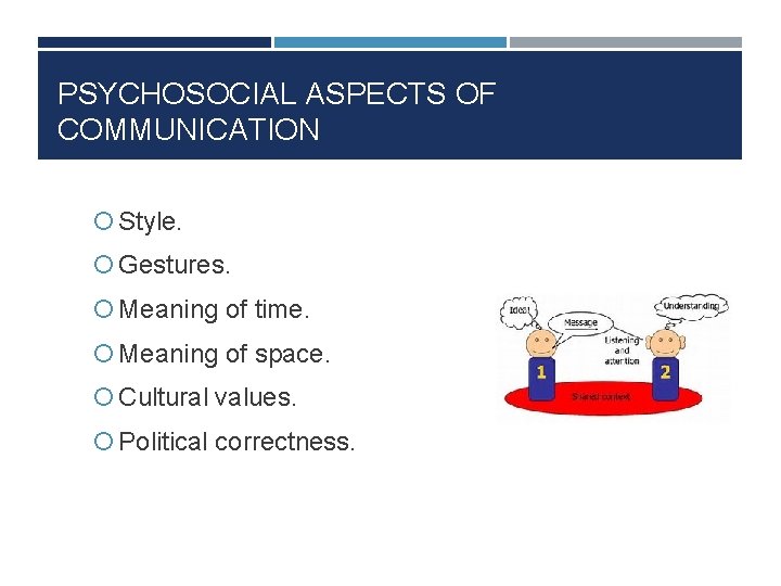 PSYCHOSOCIAL ASPECTS OF COMMUNICATION Style. Gestures. Meaning of time. Meaning of space. Cultural values. PSYCHOSOCIAL ASPECTS OF COMMUNICATION Style. Gestures. Meaning of time. Meaning of space. Cultural values.