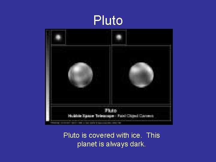 Pluto is covered with ice. This planet is always dark. 