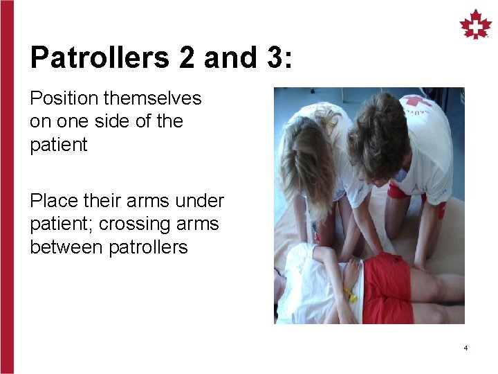 Patrollers 2 and 3: Position themselves on one side of the patient Place their
