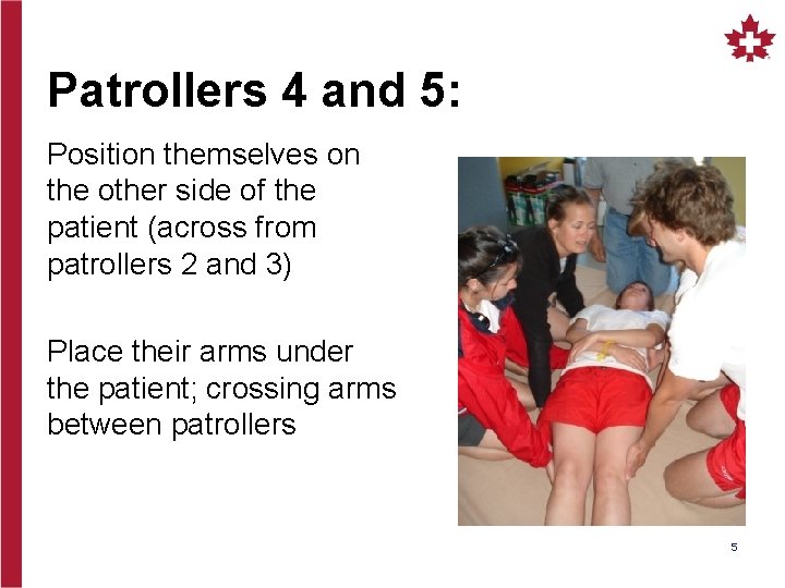 Patrollers 4 and 5: Position themselves on the other side of the patient (across