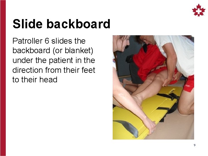 Slide backboard Patroller 6 slides the backboard (or blanket) under the patient in the