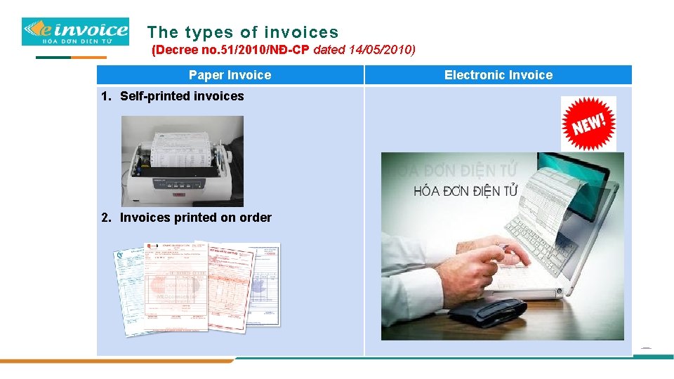 The types of invoices (Decree no. 51/2010/NĐ-CP dated 14/05/2010) Paper Invoice 1. Self-printed invoices