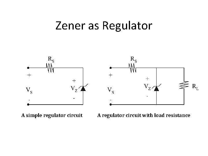 Zener as Regulator A simple regulator circuit A regulator circuit with load resistance 