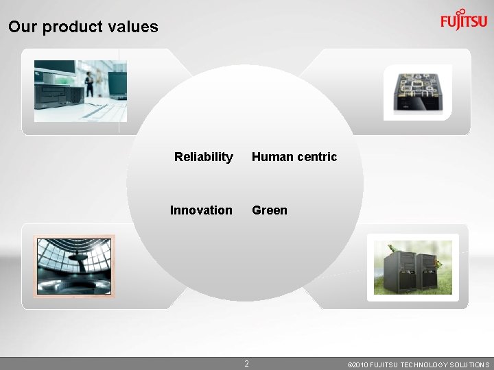 Our product values Reliability Human centric Innovation Green 2 © 2010 FUJITSU TECHNOLOGY SOLUTIONS Our product values Reliability Human centric Innovation Green 2 © 2010 FUJITSU TECHNOLOGY SOLUTIONS