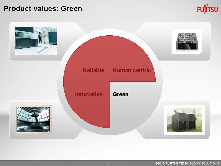 Product values: Green Reliable Human centric Innovative Green 24 © 2010 FUJITSU TECHNOLOGY SOLUTIONS Product values: Green Reliable Human centric Innovative Green 24 © 2010 FUJITSU TECHNOLOGY SOLUTIONS