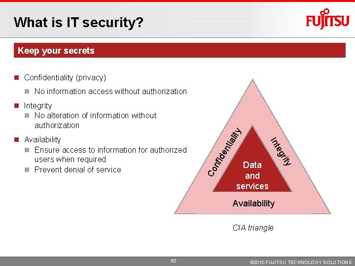 What is IT security? Keep your secrets Confidentiality (privacy) No information access without authorization What is IT security? Keep your secrets Confidentiality (privacy) No information access without authorization