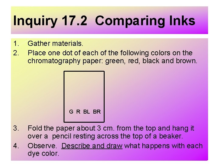 Inquiry 17. 2 Comparing Inks 1. 2. Gather materials. Place one dot of each