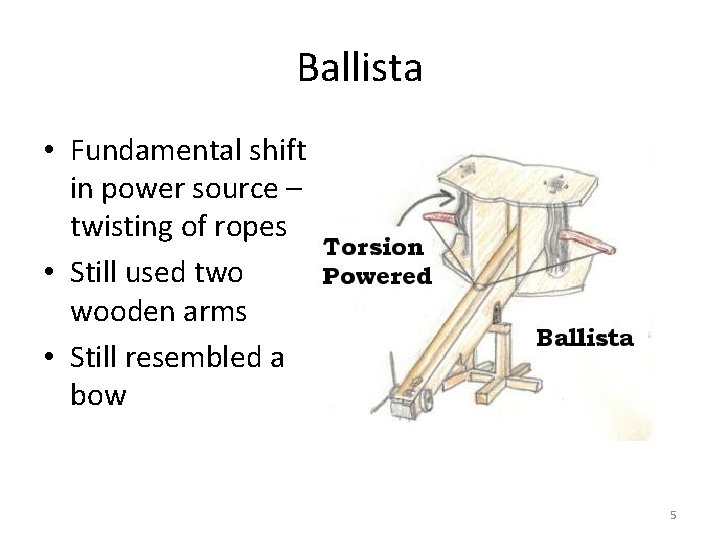 Ballista • Fundamental shift in power source – twisting of ropes • Still used