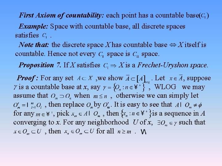 First Axiom of countability: each point has a countable base. Example: Space with countable