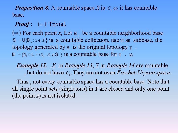 Proposition 8. A countable space X is base. it has countable Proof : Trivial.