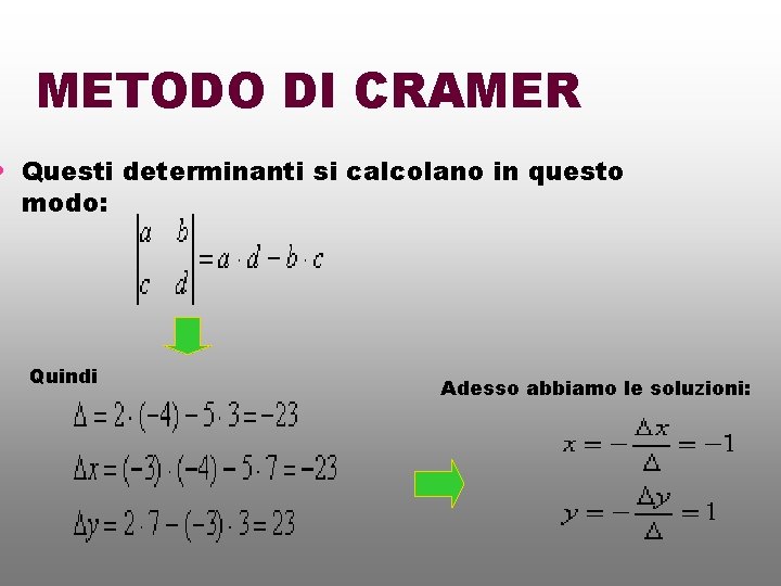 METODO DI CRAMER • Questi determinanti si calcolano in questo modo: Quindi Adesso abbiamo