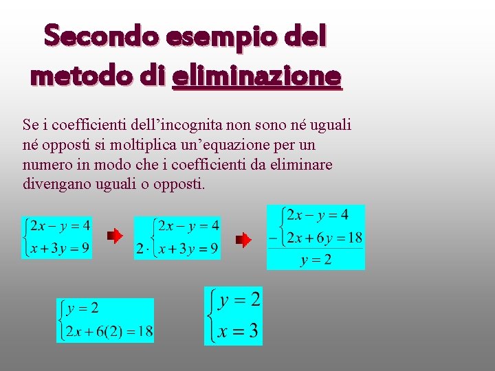 Secondo esempio del metodo di eliminazione Se i coefficienti dell’incognita non sono né uguali