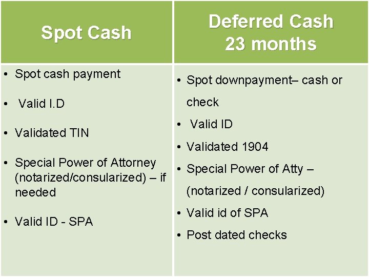 Spot Cash • Spot cash payment • Valid I. D • Validated TIN Deferred Spot Cash • Spot cash payment • Valid I. D • Validated TIN Deferred