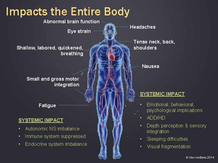 Impacts the Entire Body Abnormal brain function Eye strain Shallow, labored, quickened, breathing Headaches