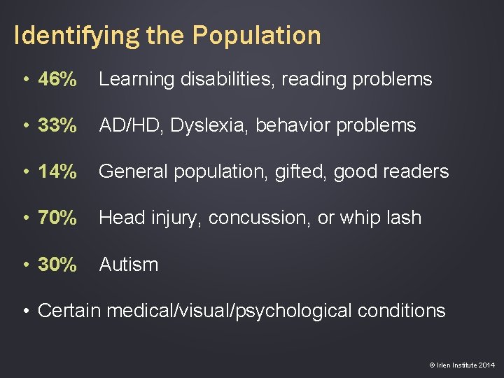 Identifying the Population • 46% Learning disabilities, reading problems • 33% AD/HD, Dyslexia, behavior