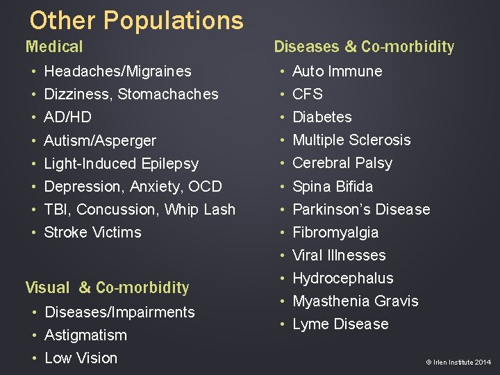 Other Populations Medical • • Headaches/Migraines Dizziness, Stomachaches AD/HD Autism/Asperger Light-Induced Epilepsy Depression, Anxiety,