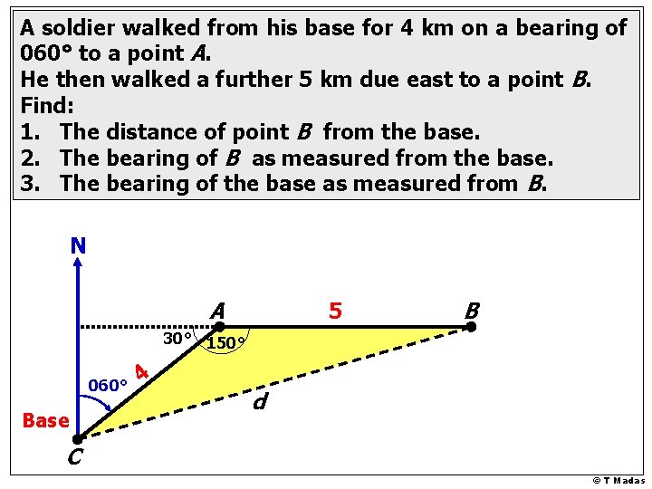 A soldier walked from his base for 4 km on a bearing of 060°