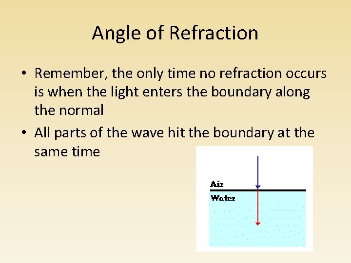 Angle of Refraction • Remember, the only time no refraction occurs is when the Angle of Refraction • Remember, the only time no refraction occurs is when the