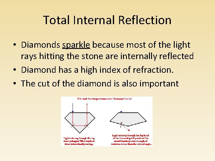 Total Internal Reflection • Diamonds sparkle because most of the light rays hitting the Total Internal Reflection • Diamonds sparkle because most of the light rays hitting the