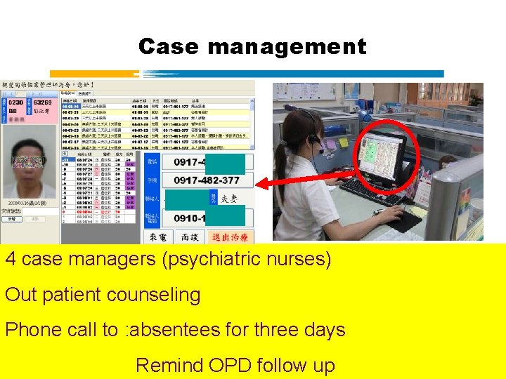 Case management 4 case managers (psychiatric nurses) Out patient counseling Phone call to :