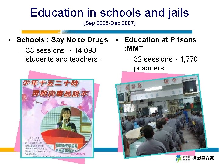 Education in schools and jails (Sep 2005 -Dec. 2007) • Schools : Say No