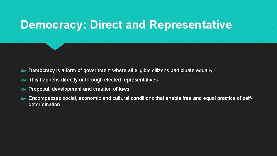 Democracy: Direct and Representative Democracy is a form of government where all eligible citizens