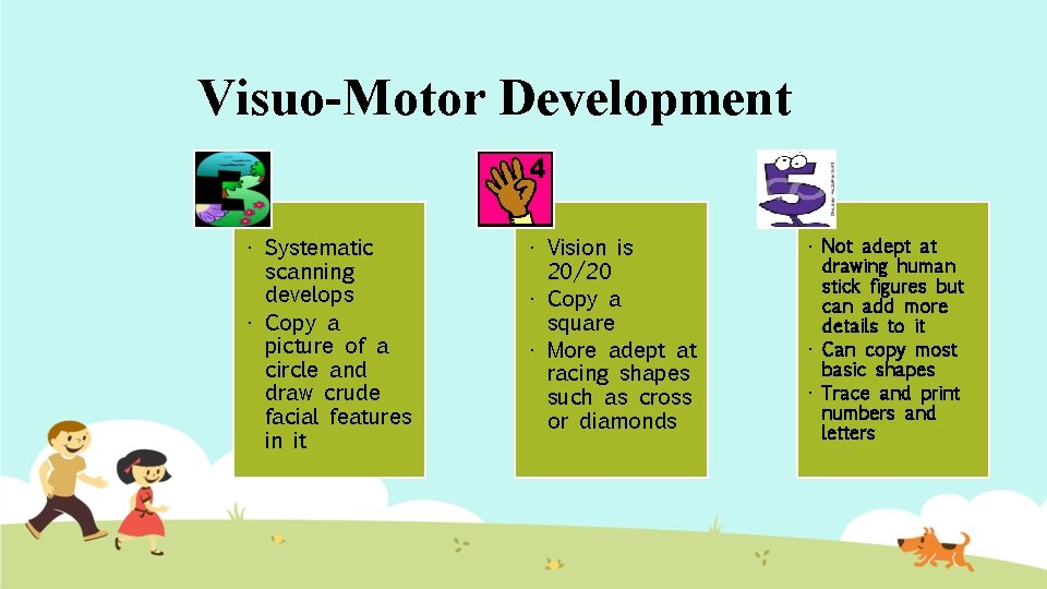 Visuo-Motor Development • Systematic scanning develops • Copy a picture of a circle and