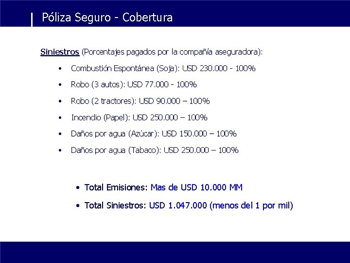 Póliza Seguro - Cobertura Siniestros (Porcentajes pagados por la compañía aseguradora): • Combustión Espontánea