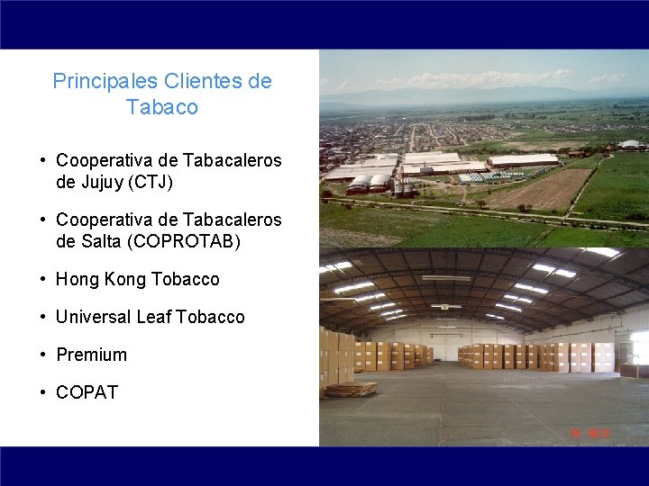 Principales Clientes de Tabaco • Cooperativa de Tabacaleros de Jujuy (CTJ) • Cooperativa de