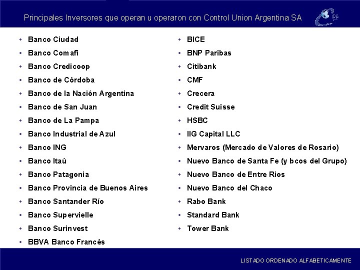 Principales Inversores que operan u operaron con Control Union Argentina SA • Banco Ciudad