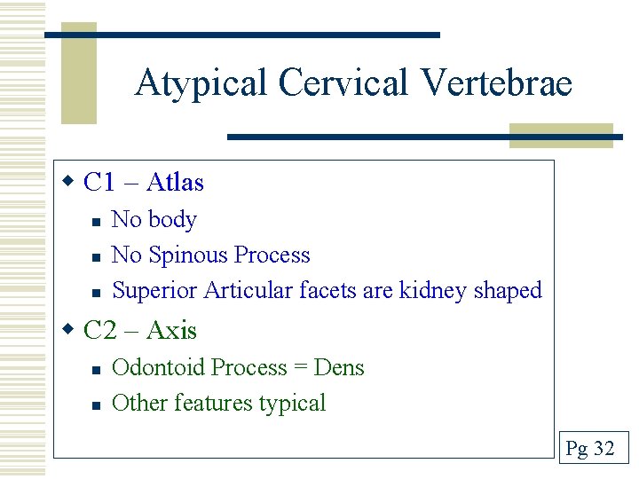 Atypical Cervical Vertebrae w C 1 – Atlas n n n No body No