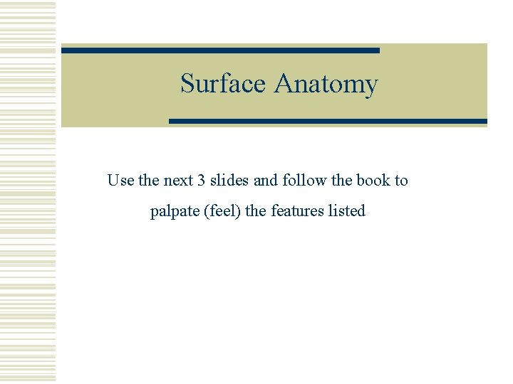 Surface Anatomy Use the next 3 slides and follow the book to palpate (feel)