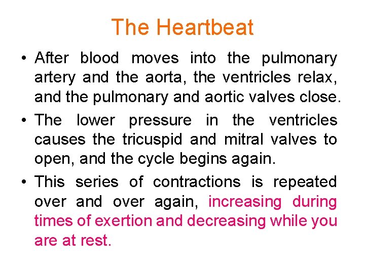 The Heartbeat • After blood moves into the pulmonary artery and the aorta, the