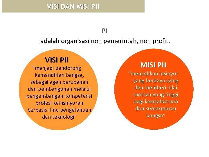 VISI DAN MISI PII adalah organisasi non pemerintah, non profit. VISI PII “menjadi pendorong