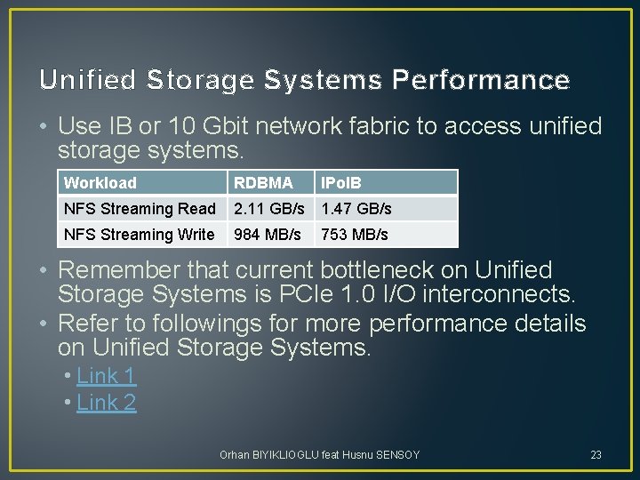 Unified Storage Systems Performance • Use IB or 10 Gbit network fabric to access