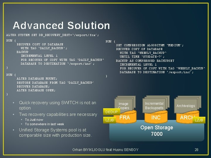 Advanced Solution ALTER SYSTEM SET DB_RECOVERY_DEST=‘/export/fra’; RUN { RECOVER COPY OF DATABASE WITH TAG