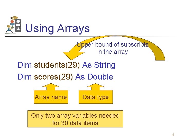 Using Arrays Upper bound of subscripts in the array Dim students(29) As String Dim